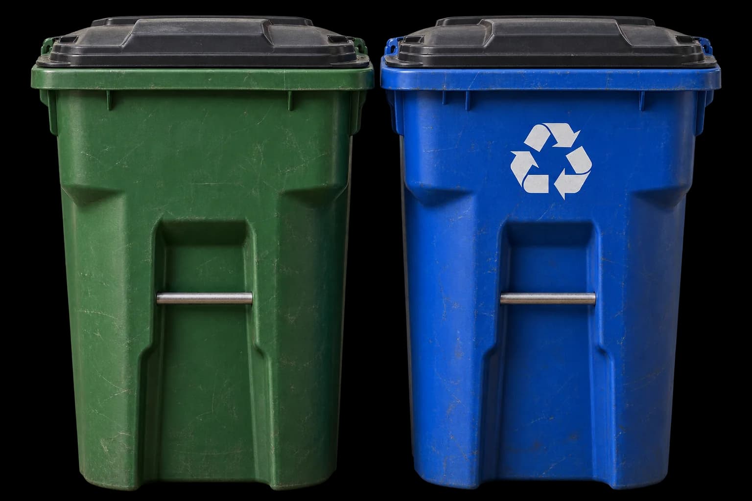 Trash and recycling bins standing on a black curb