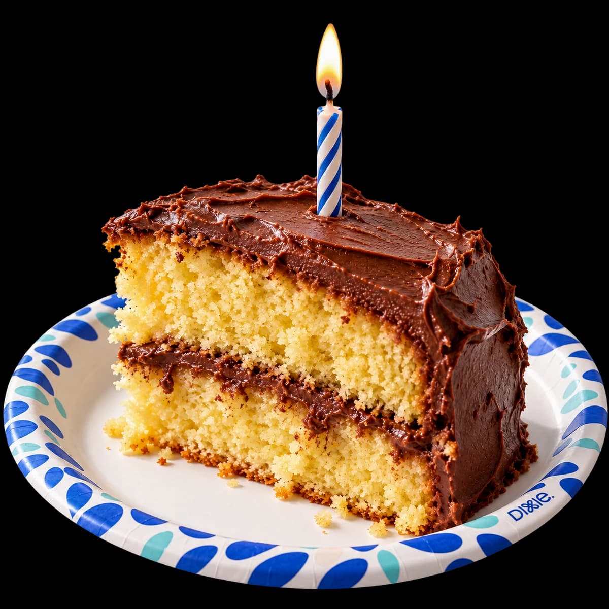 A slice of yellow birthday cake with chocolate frosting and a lit candle